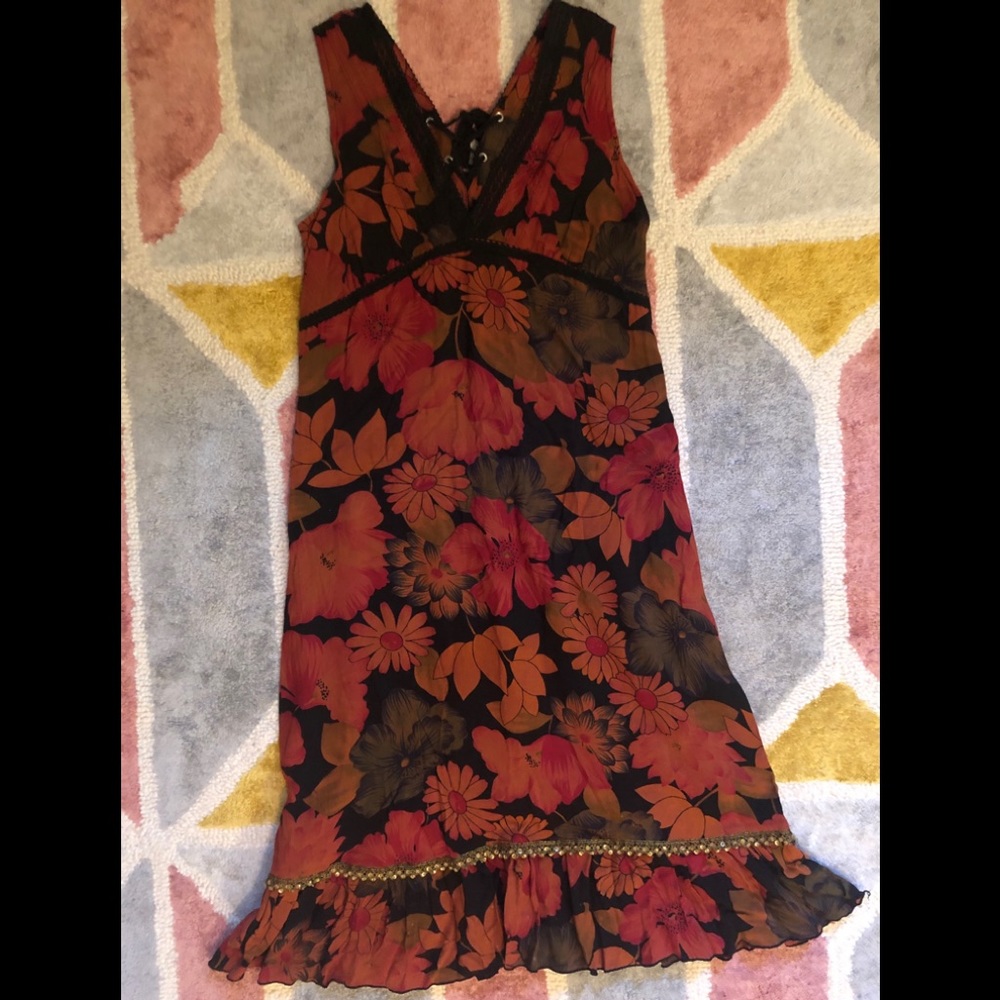 Orange black lace floral sequin dress too boho